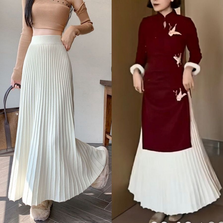 【旗袍衬裙】针织半身裙 秋冬款高腰内搭裙 显瘦垂坠感A字百褶裙