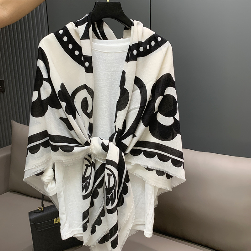 Black white contrasting color camellia elegant pattern large shawl for women's design sense, spring and summer sun_voghion.com