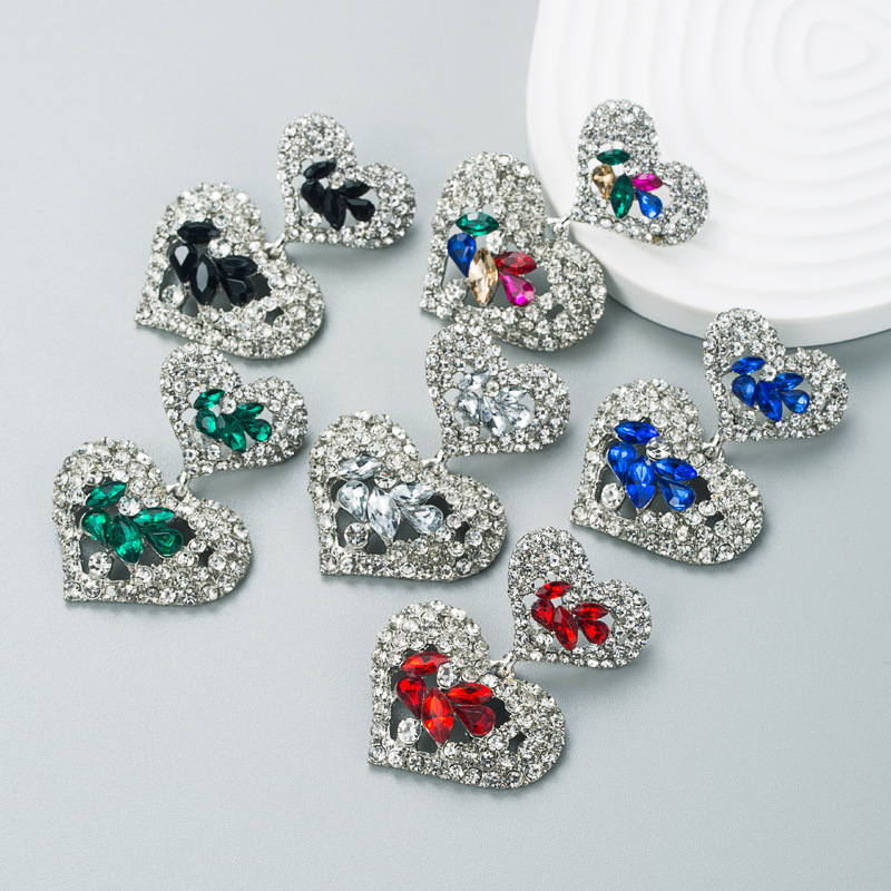 European And American Fashion Exaggerated Multi-layer Heart-shaped Rhinestone Earrings display picture 2