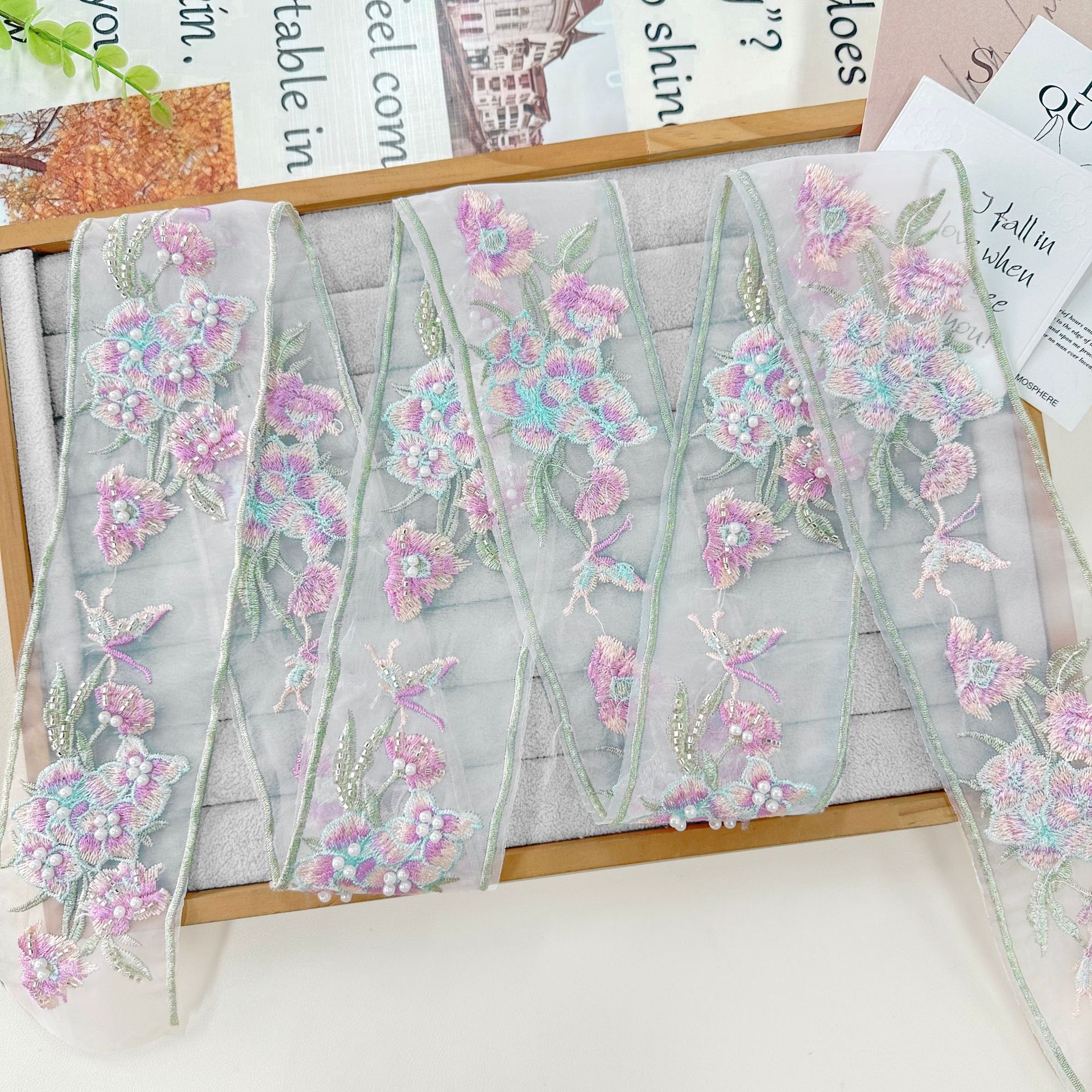 Cinta de Encaje Transparente con Bordado Floral de Poliéster, para Vestidos de Novia