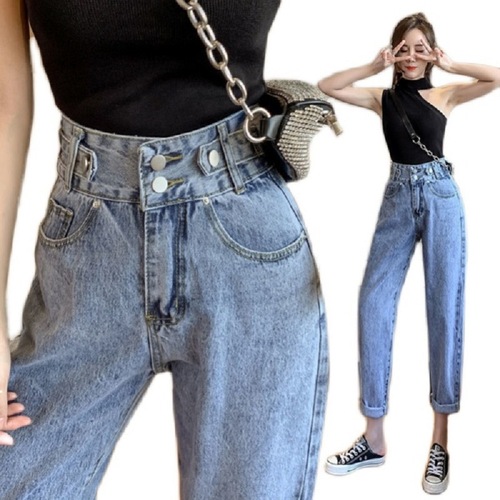 High-waisted cotton jeans for women in summer, loose slimming wide-leg pants, carrot pants, harem pants, retro dad pants for women