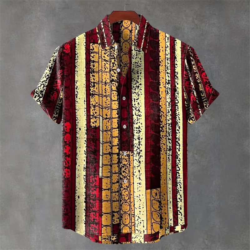 Cross-Border Amazon Independent Site Men's Retro Ethnic Tribal Short-Sleeved Shirt Casual Fashion Vacation Men's Shirt