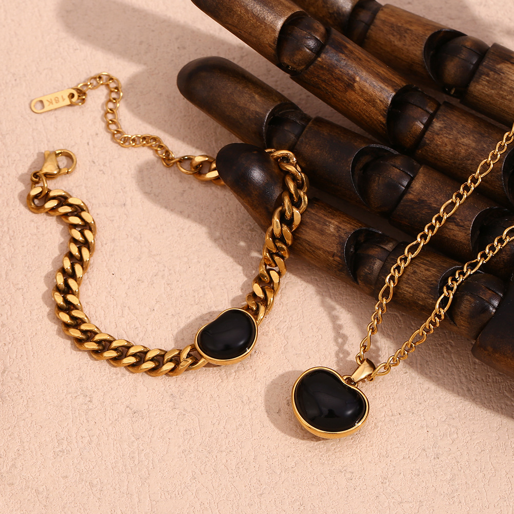 Black Agate Heart Figaro Cuban Chain Bracelet Necklace
