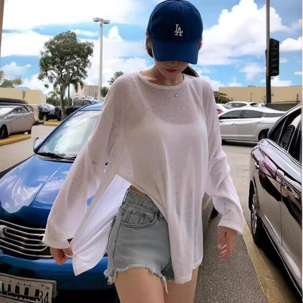 Em estoque estilo coreano gravata moda fenda solta manga comprida camiseta feminina proteção solar cover-up fino sexy na moda