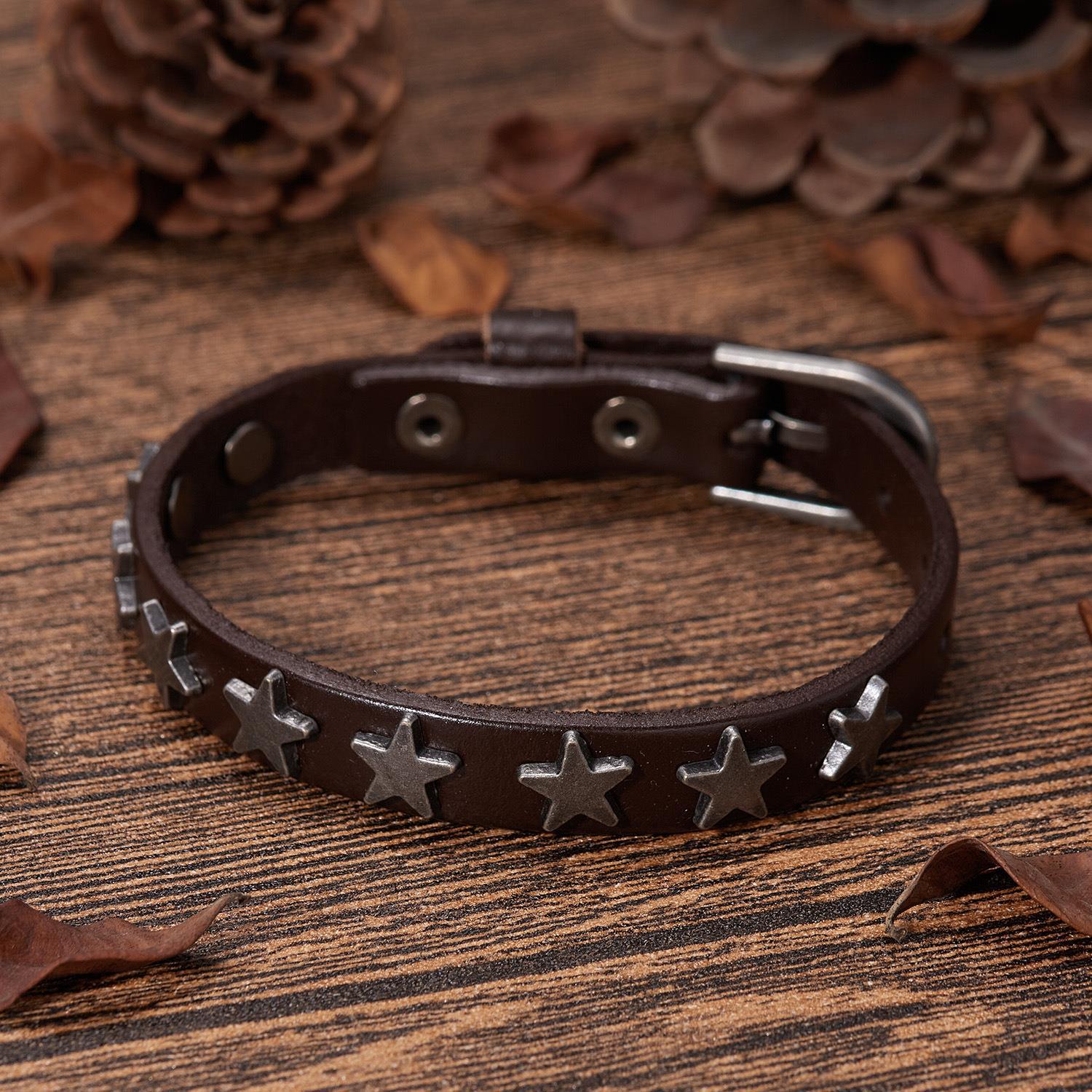 20g Weight Bangle Classification 1 Piece Quantity Daily, Street Occasion Pu Leather Material Star Pattern Men's Gender Punk, Simple Style Style Punk Simple Style Star Pu Leather Men's Bangle Men Cord & Leather Bracelets 无