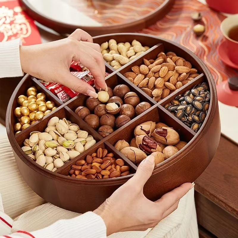 Madera sólida de lujo ligera bandeja de frutas secas caja de dulces de estilo chino caja de almacenamiento de nueces mesa de té de sala de estar casera bandeja de almacenamiento de bocadillos de madera