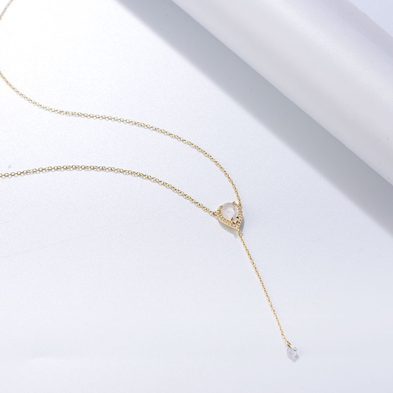 Collar de cadena de clavícula simple de moda europea y americana para mujer Collar de borla de cristal rosa de piedra natural en forma de gota de plata esterlina s925