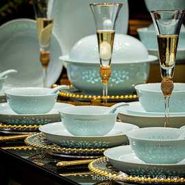 景德镇高温釉下彩餐具套装影青玲珑碗碟套装家用高白瓷易清洗送礼