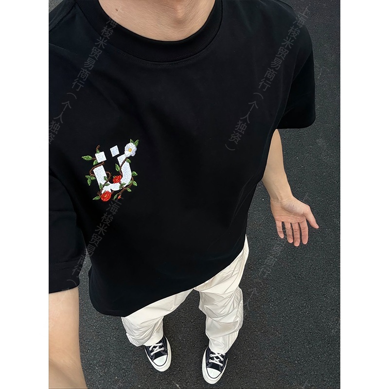カラフルな花柄刺繍Tシャツ メンズ 夏 ヘビーウェイト 半袖 アメリカンハイストリート フロントショルダー|undefined