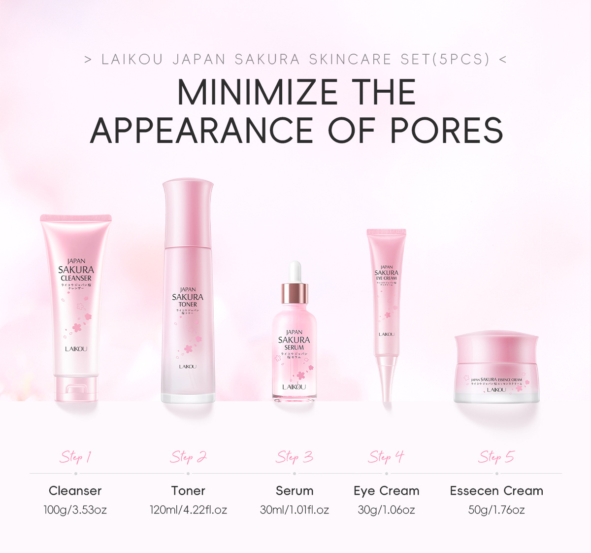 Cross-border LAIKOU Sakura Skincare Gift Box Moisturizing and Hydrating 5-piece Set with glass panel Part in stock undefined