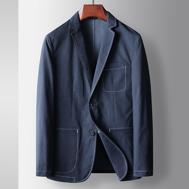 Men's Casual Suit 2025 Spring and Autumn Light Luxury Business Single Western Young and Middle-Aged Denim Color Collection Topstitch Suit Jacket Trendy Men's Casual Suit 2025 Spring and Autumn Light Luxury Business Single Western Young and Middle-Aged Denim Color Collection Topstitch Suit Jacket Trendy