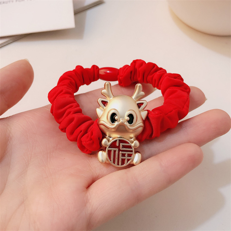 Año del Dragón Zodiaco de alta sensación metal rojo Año Nuevo anillo de cabello de alta altura cuerda elástica cuerda de cabello festiva adornos para el cabello