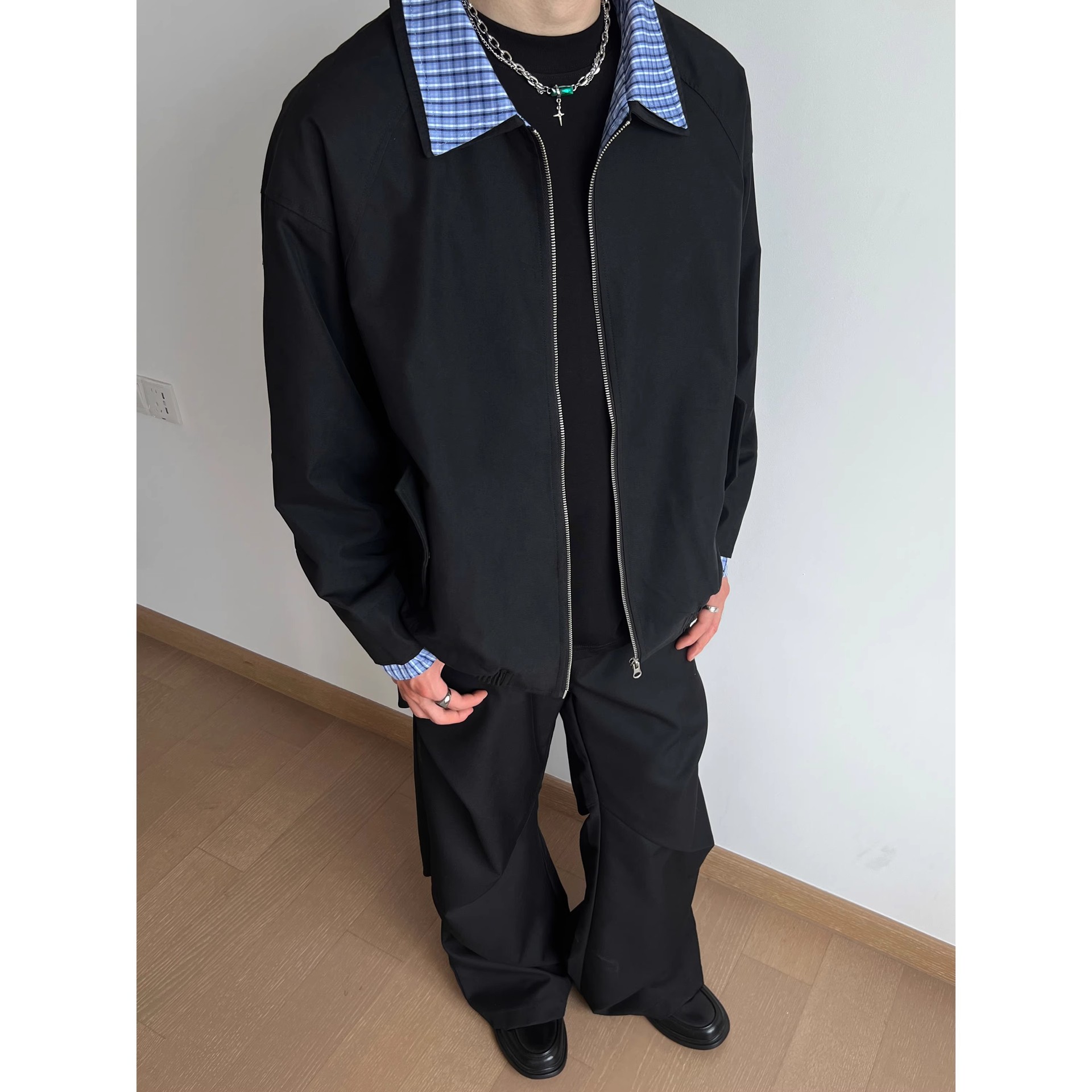 拼接格子翻领夹克男秋冬时尚百搭工装外套痞帅高级感飞行服少年感