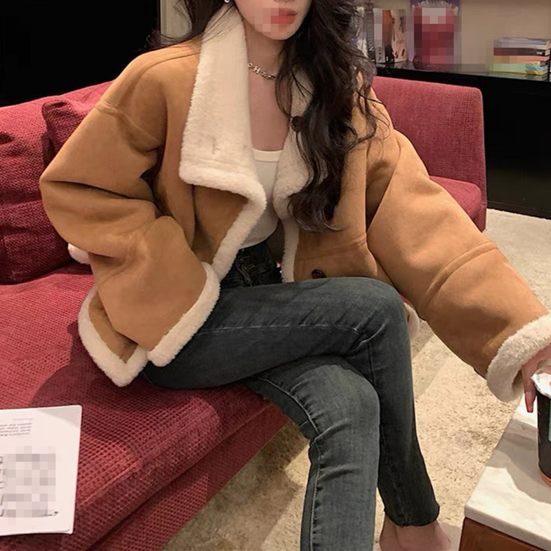 Women's suede stitching winter coat fleece-lined new thickened Loose Fur integrated lapel motorcycle coat