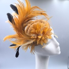 亚马逊欧美时尚夸张羽毛头饰新款舞会网纱仿真花小礼帽女发夹批发