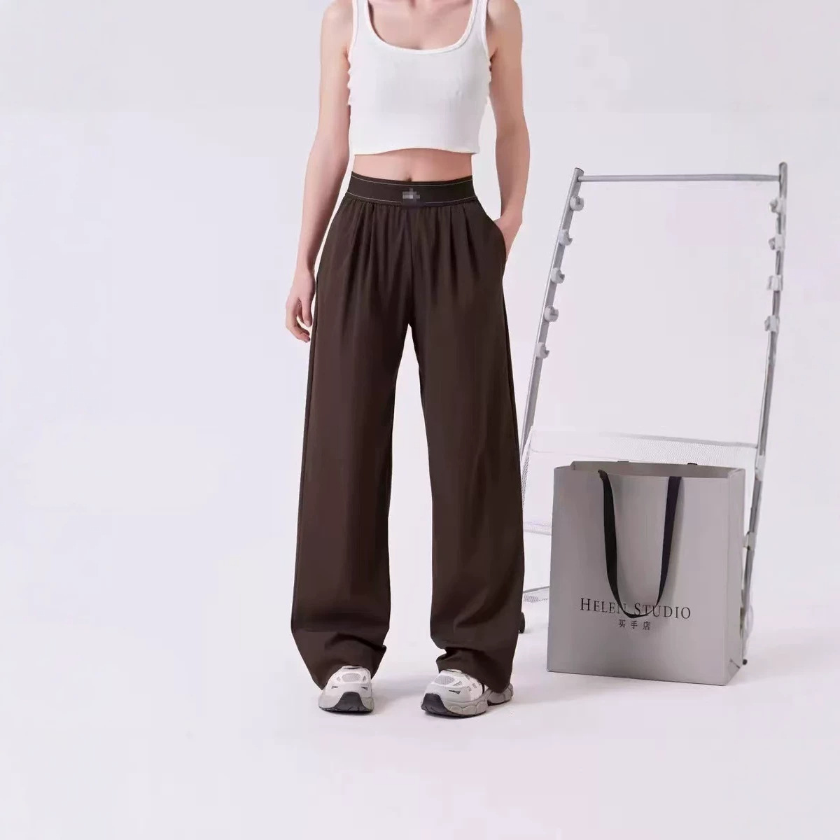 ALO26 Women's Wide-Leg Suit Pants, Long Trousers, Woven, High-Waisted, Loose Fit, Slimming, Lightweight, Elastic Waist, Eco-Friendly Fabric