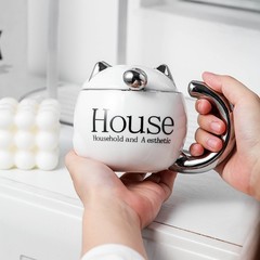 Cat Ceramic Cup with Lid, Spatula, Silver Plated, Creative High-End Design, Stylish and Elegant Gift Set