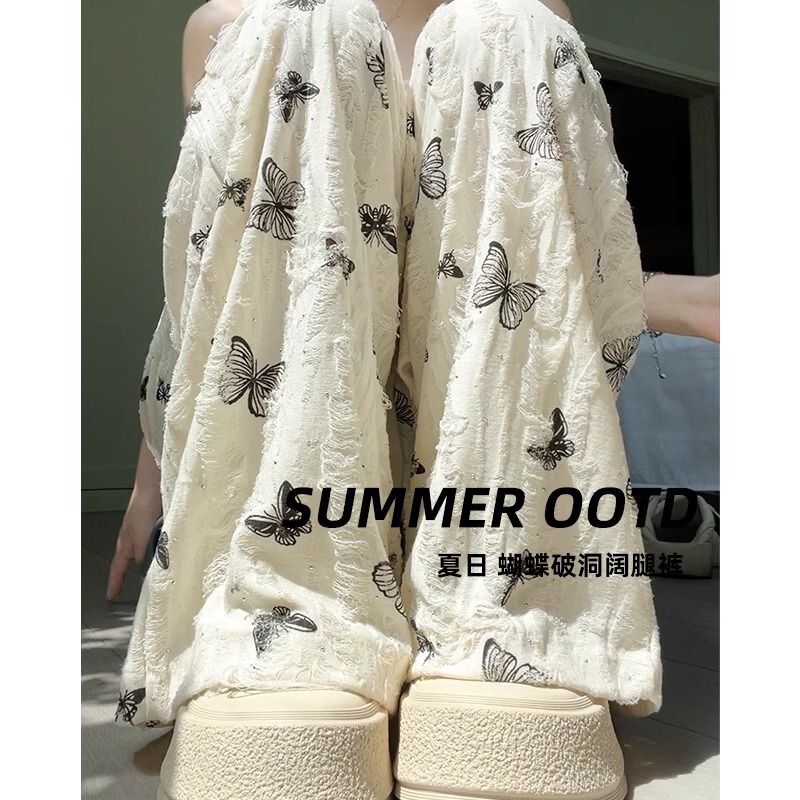 Ice Silk Wide-Leg Pants Women's Summer High Waist Dape Casual Lazy Little Butterfly Printed White Straight Pants with Holes Ice Silk Wide-Leg Pants Women's Summer High Waist Dape Casual Lazy Little Butterfly Printed White Straight Pants with Holes