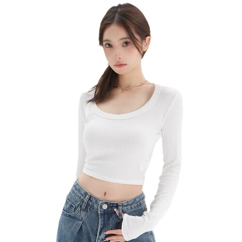 Women's Autumn Thin Fitted Elastic Ribbed Cotton U-Neck T-Shirt with Hong Kong Style, Versatile Short-Sleeve Long-Sleeve Top