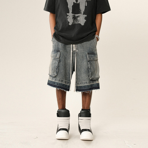 American high street RO style distressed edging multi-pocket jeans men's fashion brand retro patchwork workwear five-tenth pants 