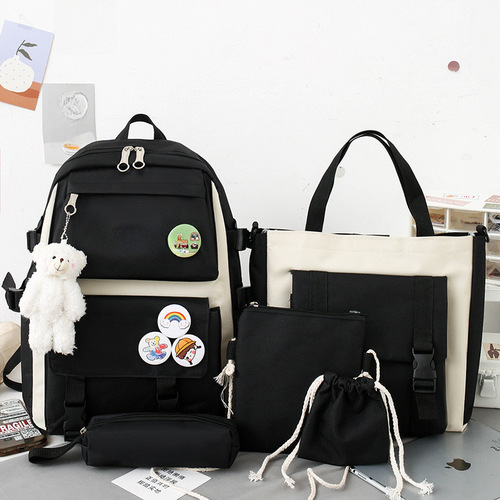 Cross-border canvas double shoulder bag, new middle school student double shoulder backpack for girls, large capacity Korean-style five-piece set student school bag