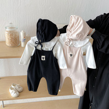 韩版秋季新品婴儿背带裤男女宝宝小猫连体裤子送帽子连体衣爬服