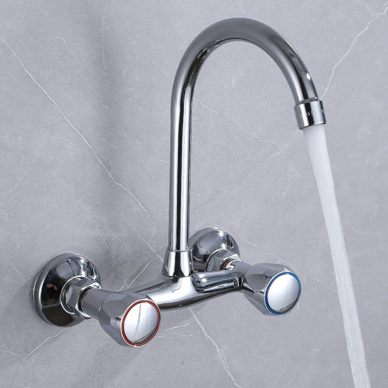 Кухонный настенный медный кран Холодная и Горячая двойная ручка Двойное управление Бытовая кухня Балкон Вращающийся кран Смесительный водяной клапан