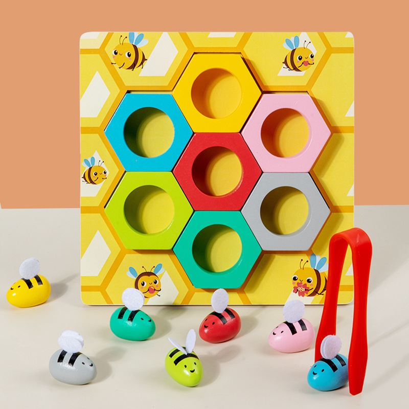 Juego de madera los niños educación temprana kindergarten color cognición juego colmena Jenga clip abeja juguetes educativos