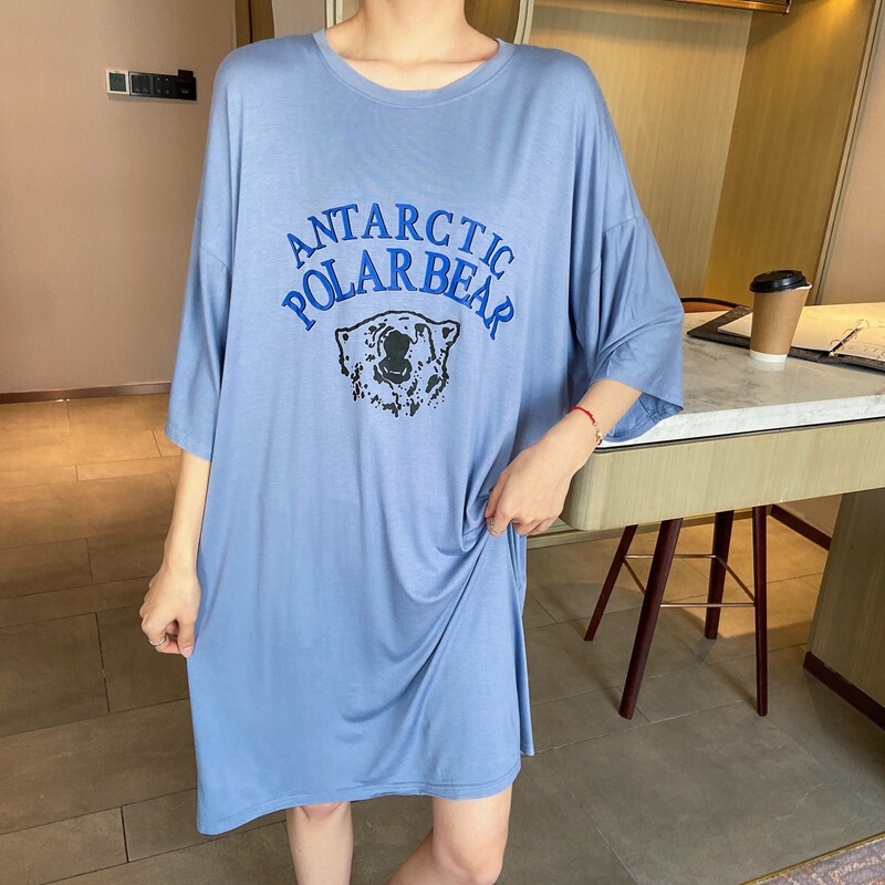 Summer Modal Print Dress Fatty Simple Home Dress Korean Round Neck Short Sleeve Loose Large Size Midi Dress