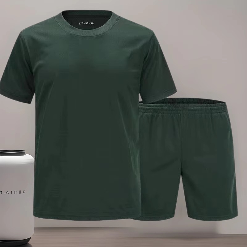 Physical Fitness Clothing Short-Sleeved Suit Summer Training Short-Sleeved Tops and Pants Olive Green Physical Training Clothing T-Shirt Quick-Drying Round Neck