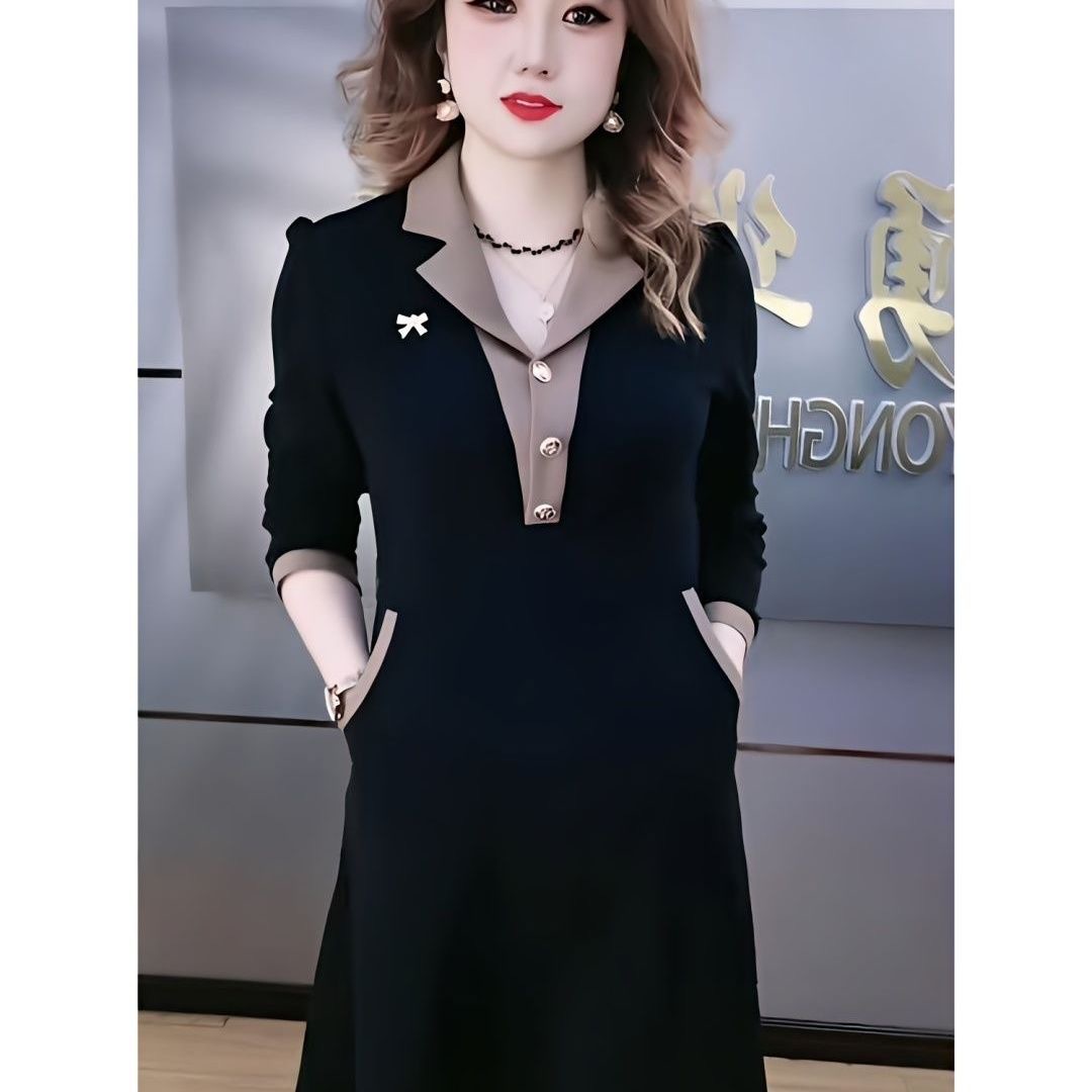 [40.00 kg-100.00 kg] Autumn New Fashion Korean Belly Covering Slim Stitching Long Dress A- Line Skirt