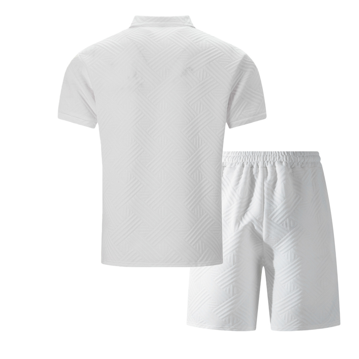 Zweiteiliges Herren-Set aus Waffelstrick, einfarbig, Sommer, Kurzarm, Shorts mit Tasche und Jacquard-Kragen._voghion.com