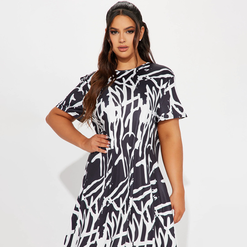 Casual Outing Abstract Printing Black White Short Sleeve Dress Comfortable Home Loose Dress