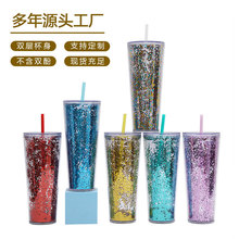 跨境亚马逊AS双层塑料杯 简约透明亮片吸管杯 750ml大容量水杯