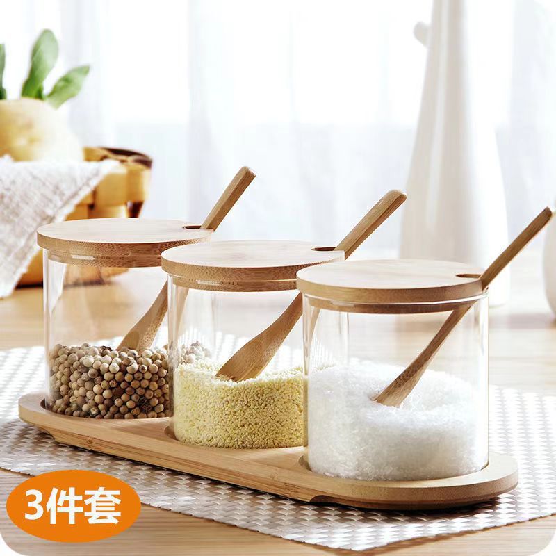 Cocina almacenamiento condimento frasco de vidrio con cubierta de bambú con cucharada de sal, azúcar, MSG almacenamiento condimento frasco de vidrio sellado frasco