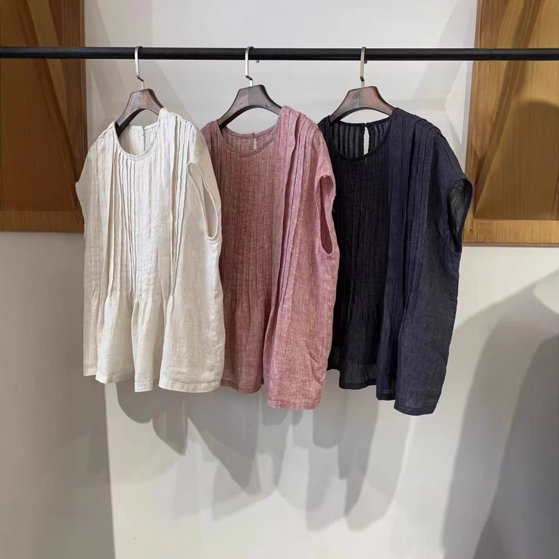 Heavy-Duty Pleated Linen Blouse for Women, New Summer Style, Vintage Artistic Loose Fit, Versatile and Elegant Flutter Sleeve Babydoll Shirt Heavy-Duty Pleated Linen Blouse for Women, New Summer Style, Vintage Artistic Loose Fit, Versatile and Elegant Flutter Sleeve Babydoll Shirt