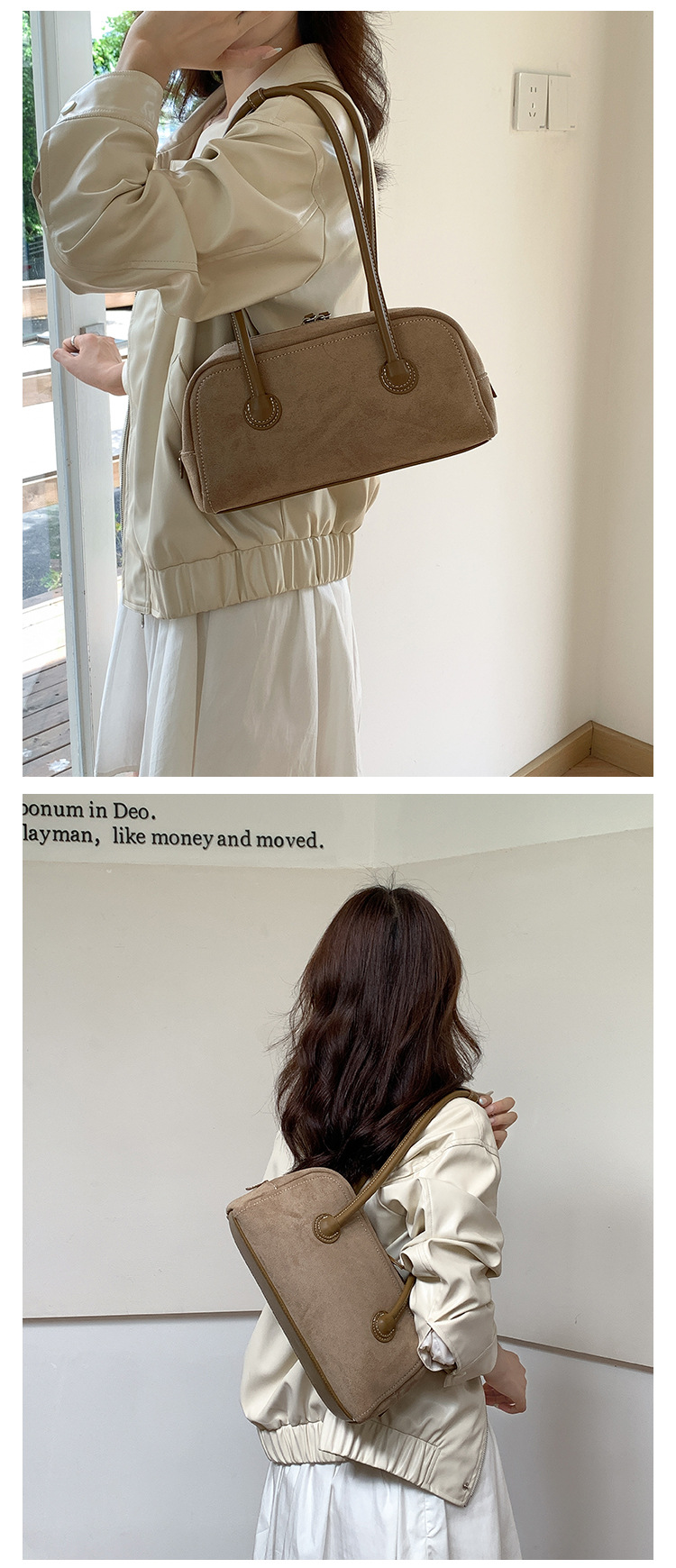 Autumn suede stick with simple leather splicing design, underarm bag, women's plush fashionable versatile shoulder bag_voghion.com