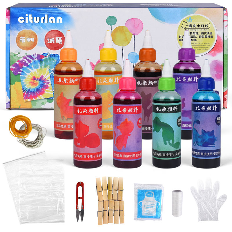 亚马逊8色冷水免煮扎染颜料学校美术学生染色剂厂家DIY扎染工具包