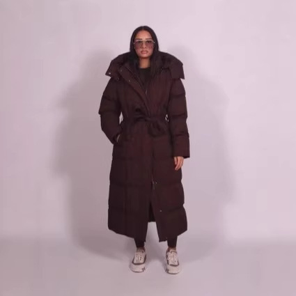 2026 Winter New Style Women's Long Cotton Coat with a Dignified and Elegant Design, Featuring a Tie Waist for a Slimming Effect, Hooded Style, and Extended Length 2026 Winter New Style Women's Long Cotton Coat with a Dignified and Elegant Design, Featuring a Tie Waist for a Slimming Effect, Hooded Style, and Extended Length