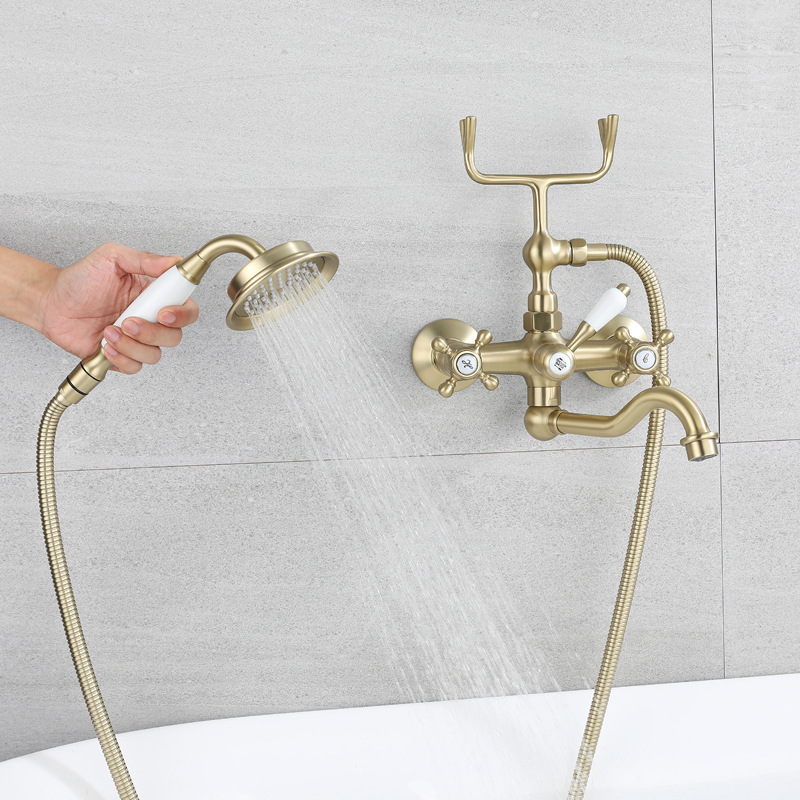 European-Style Bathtub Faucet Extended Gold Shower Head Set All-Copper Hot and Cold Water Mixing Valve Rain Shower Head
