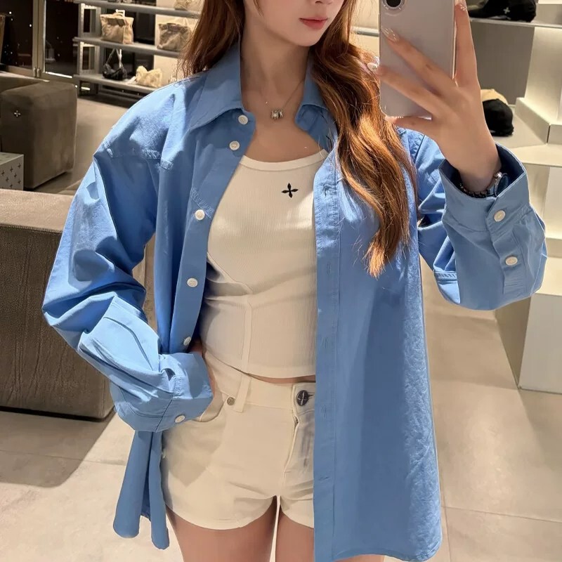 High-end SMFK cross badge work shirt, cotton casual blue shirt, new spring model