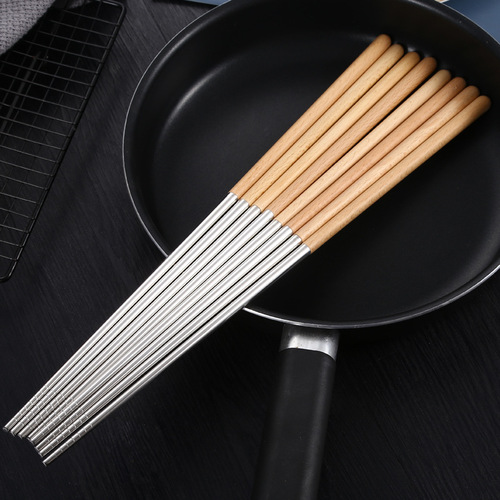 304 stainless steel chopsticks 40cm extended chopsticks beech wood handle anti-scalding fried chopsticks male chopsticks wooden chopsticks hot pot chopsticks