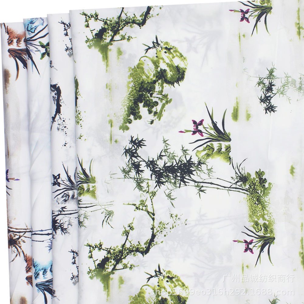 破卡平纹缎印花国风水墨竹子花雪纺印花布春夏女装连衣裙旗袍面料