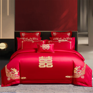 Light Luxury Red Long-staple Cotton Wedding Four-piece Set Cotton Bed Sheet Quilt Cover Embroidered Cotton Bedding Nantong Home Textile