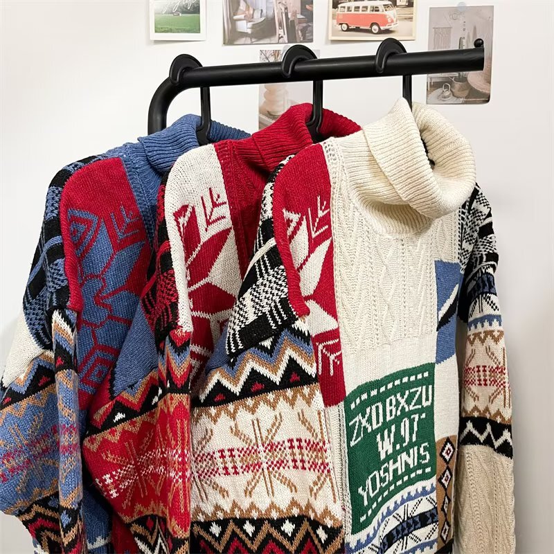 Autumn and Winter Christmas turtleneck sweater men's ins Hong Kong style fashion brand loose sweater Japanese couple fleece-lined top Autumn and Winter Christmas turtleneck sweater men's ins Hong Kong style fashion brand loose sweater Japanese couple fleece-lined top