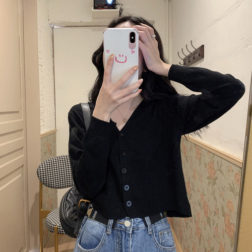 Korean Loose Fall Short Length High-Waist Long-Sleeve Outerwear Cardigan V-Neck Knit Top Open Shirt