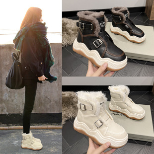 Snow boots 2022 winter new leather large size women's shoes plus velvet women's boots Martin boots cotton shoes