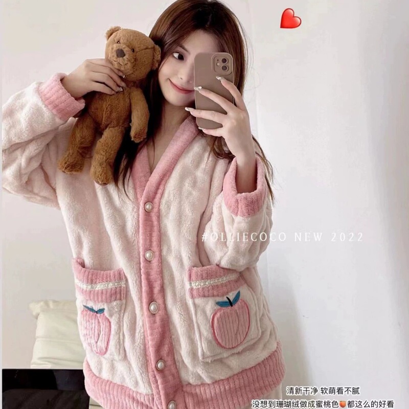 乌龙桃睡衣女可外穿珊瑚绒套装女士家居服保暖加绒家居睡衣女秋冬|undefined