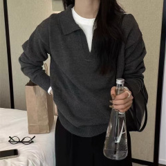 韩系秋冬100羊毛山女polo领毛衣新款气质翻领慵懒风羊绒上衣代发