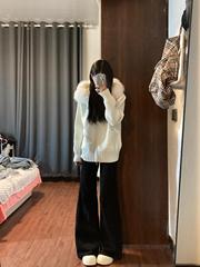 新款韩系慵懒风穿搭感针织开衫女秋冬休闲百搭大毛领连帽毛衣外套
